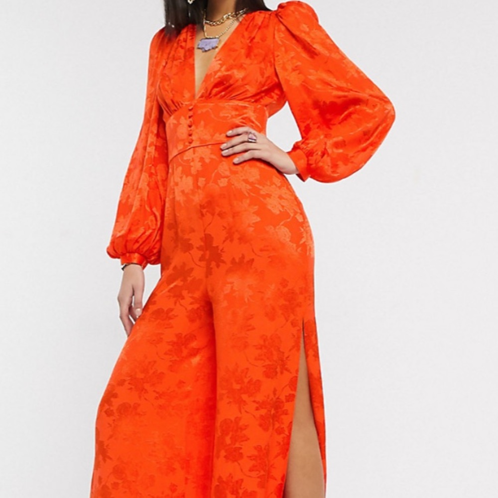 Satin orange floral thigh slit jacquard jumpsuit